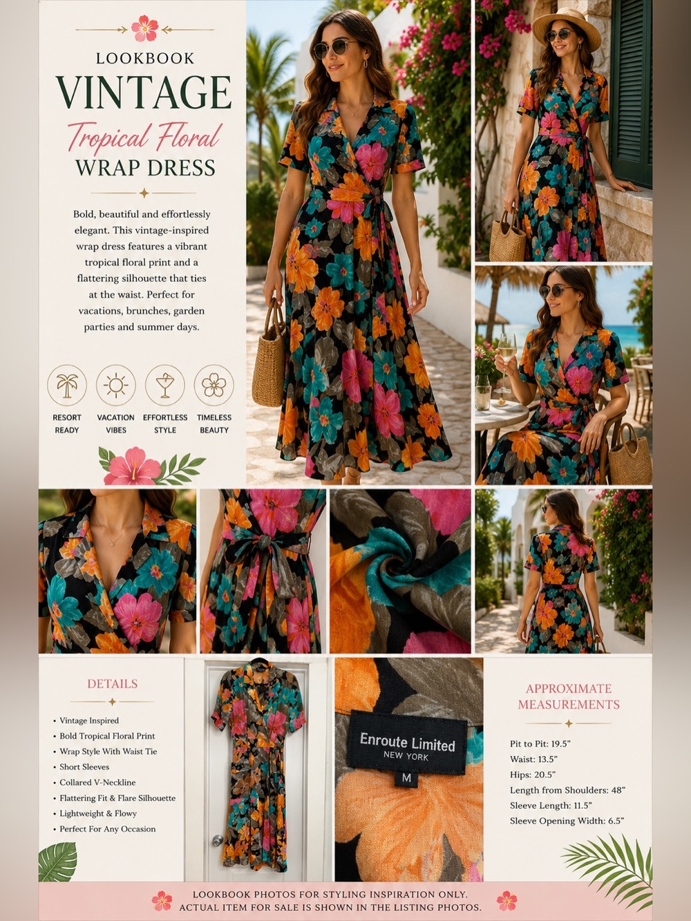 Vintage Carole Little Tropical Floral Wrap Midi Dress Size 4
